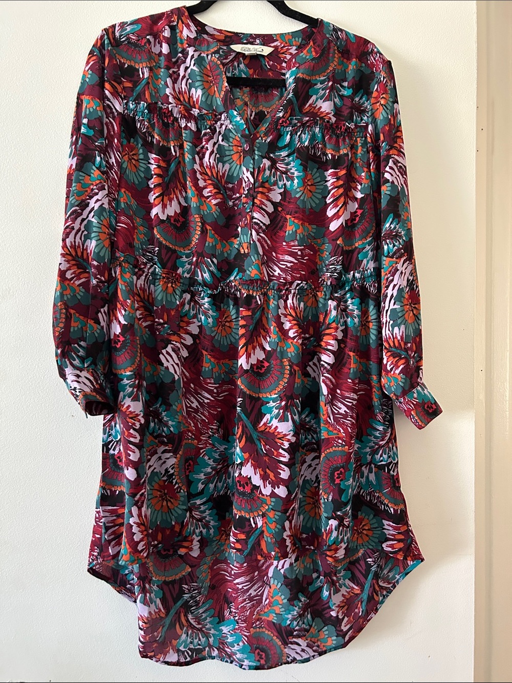 The Pioneer Woman Burgundy & Teal Floral Long Sleeve Tiered Dress